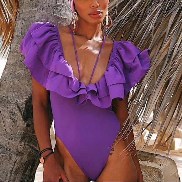 Zara Large Ruffle Swimsuit Purple New - Picture 1 of 10